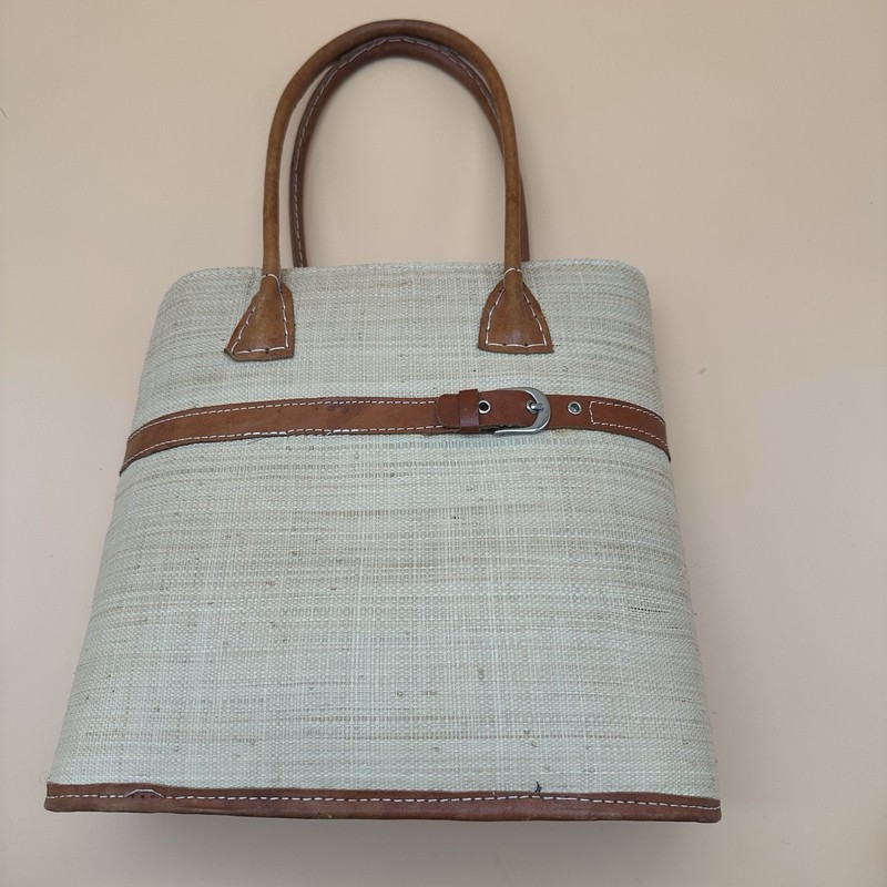 Jute Beige Woven Top Handle purse handbag Buckle Accent Zip Closure Classic