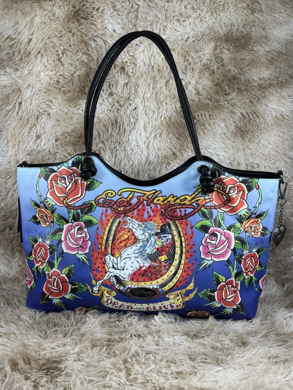 Ed Hardy Lg Hobo Bag Dead Or Alive Rhinestone Horse Skeleton Flowers Tattoo.