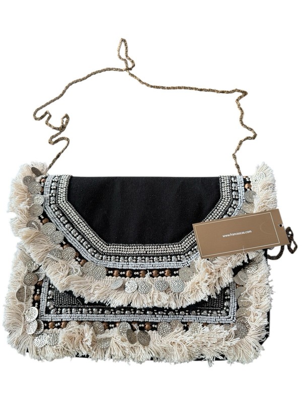 Francesca’s Black Canvas Crossbody Fringe Coins Chain Strap Made In India