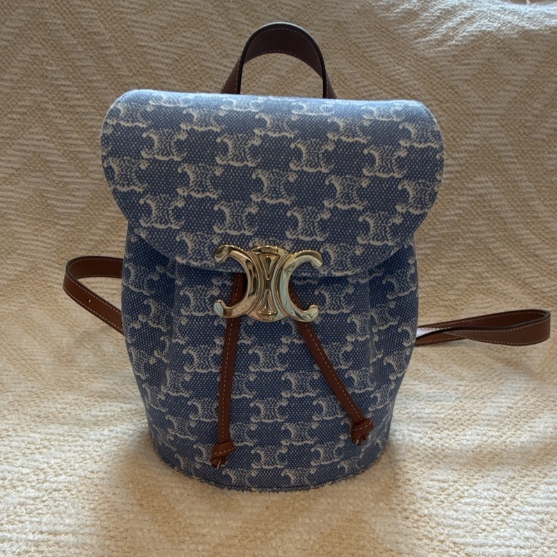 CELINE Triomphe Monogram Blue Drawstring Backpack Brown Trim Gold Hardware
