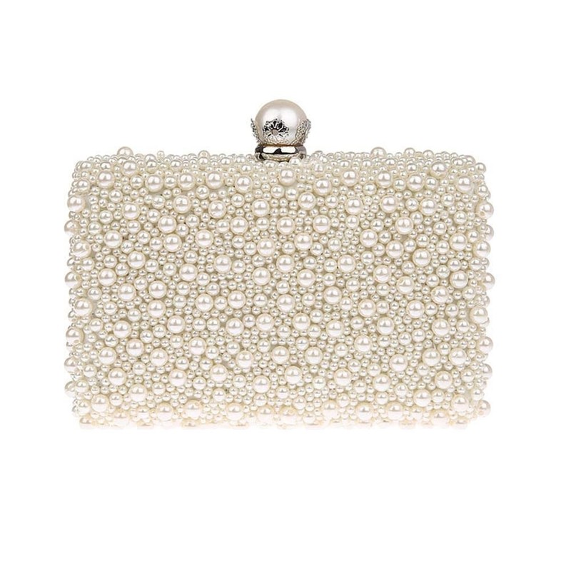Womens Faux Pearl Beaded Evening Clutch Bag Bridal Wedding Party Purse Cream