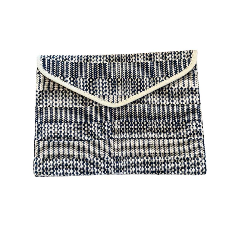 Korissa Woven Clutch, Navy Blue and Cream, Snap Closure, 12″ x 8 3/4″, NEW