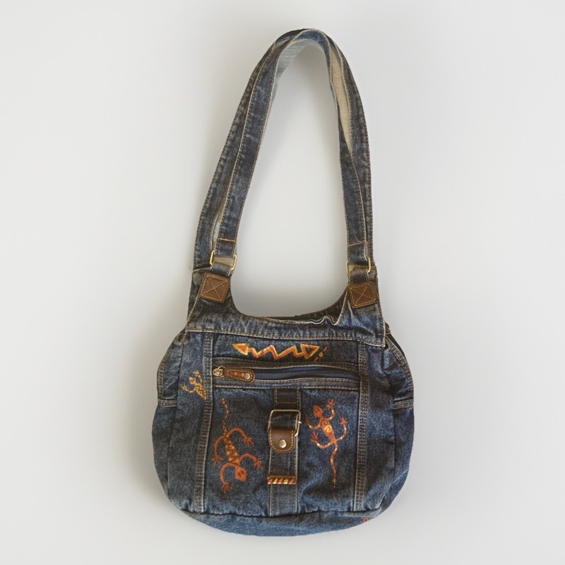 Denim Shoulder Bag Purse Boho Multipocket Pockets Handpainted Lizards OOAK