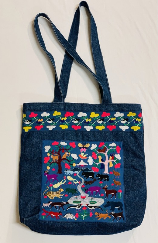 Hmong Style Folk Art Embroidered Blue Denim Tote Bag Animal Nature Story Cloth