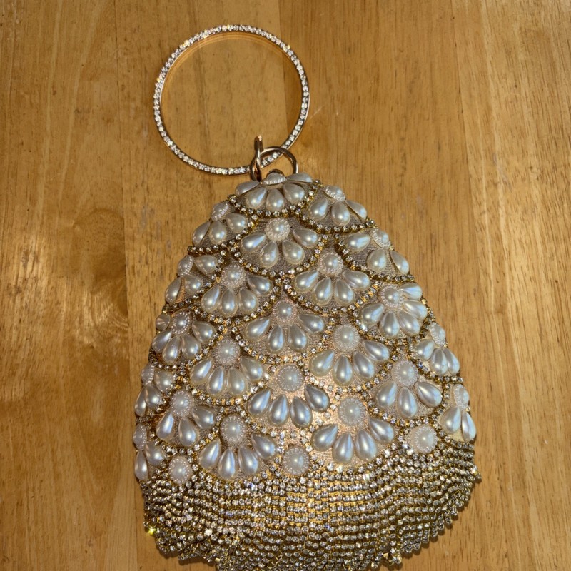 VTG Goldtone Metal Tear Shaped Box Evening Bag Wristlet w/ Pearls & Rhinestones