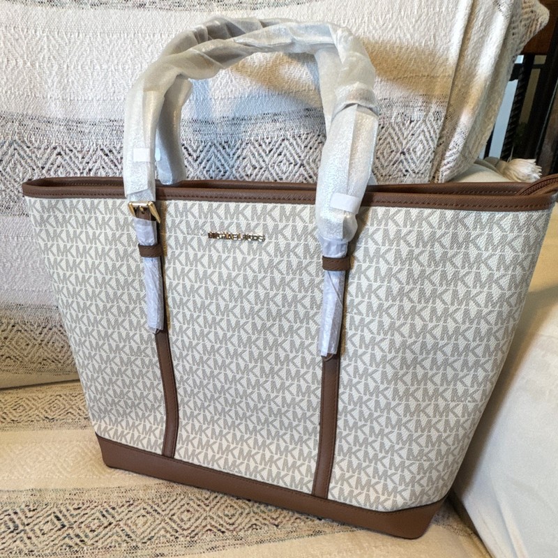 Michael Kors Signature Monogram Zip Tote Beige Brown Gold Hardware MK Charm