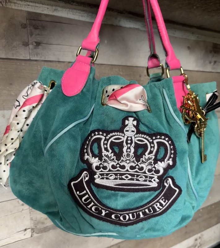 Juicy Couture Vintage Green And Pink Tote Shoulder Bag Polka Dot Scarf Bag Charm gallery