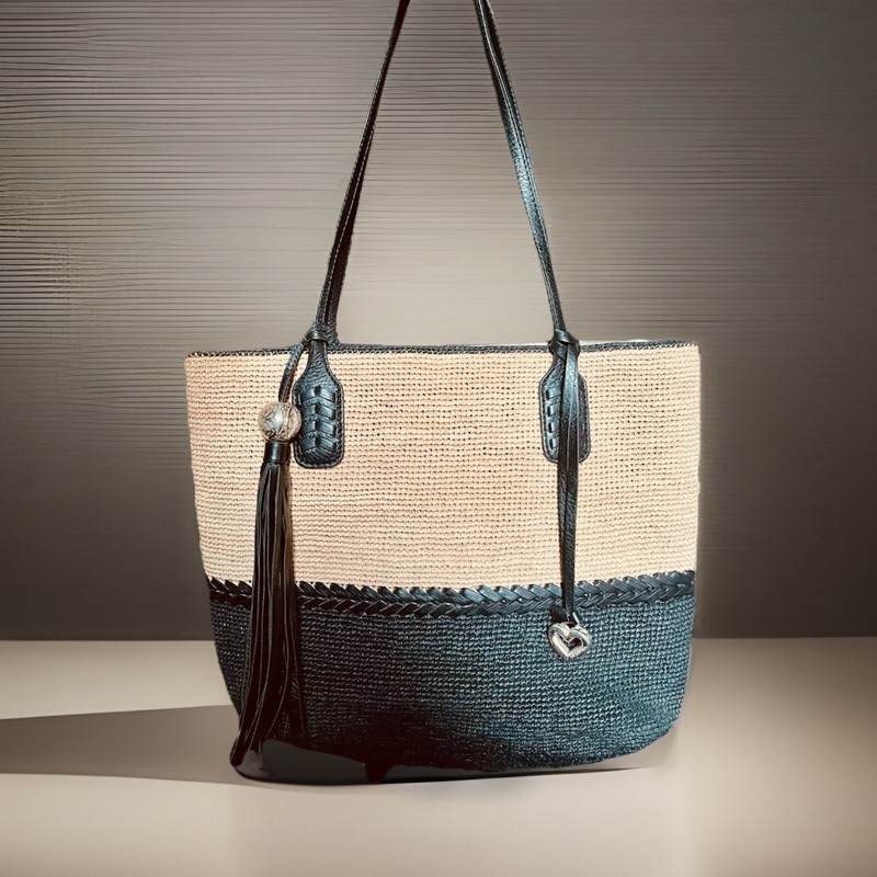 Brighton Parma Ferrara Raffia Tote Heart Charm Shoulder Handbag Leather Accents