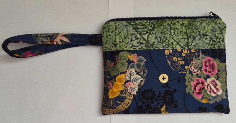 Handmade Cotton Navy Blue Green Floral Fabric Wallet Wristlet Zipper Bead Charms