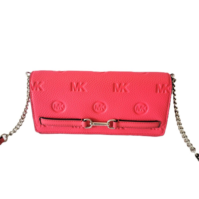 Michael Kors Carson Large Wallet Chain Strap MK Debossed Faux Leather Hibiscus