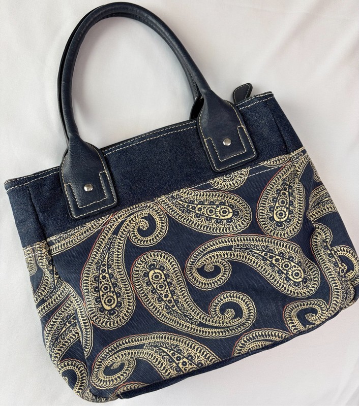 Tommy Hilfiger Blue Denim and Paisley Print Fabric Central Striped Detail Purse gallery