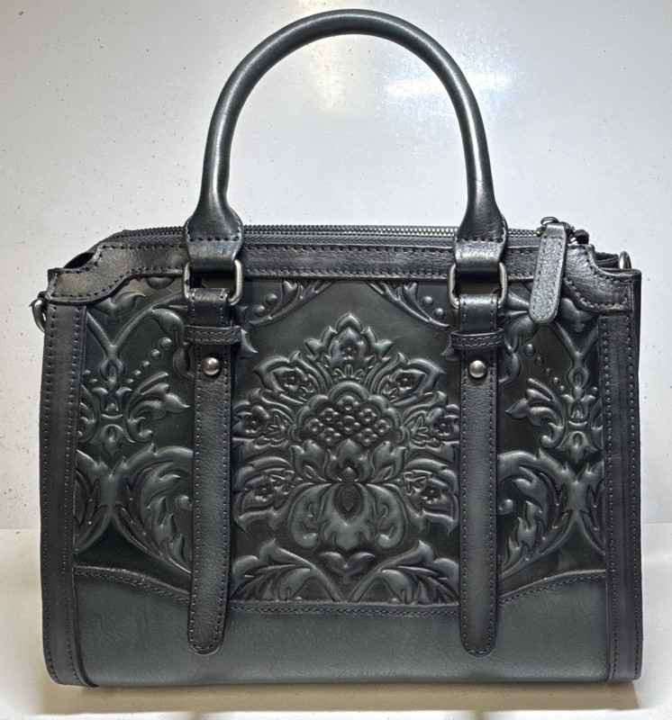 Embossed Leather Satchel Handbag Top Handle Zip Bag Detachable Strap Black/Green