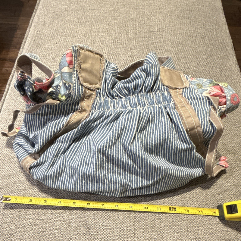 Thirty-One Railroad Stripe Denim Cinch Top Bucket Bag Floral Interior Blue/White