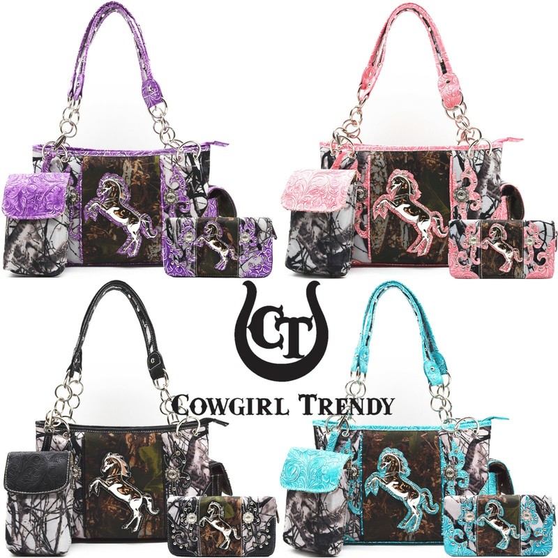 Camouflage Horse Studded Women Handbag Concealed Carry Purse Shoulder Bag Wallet