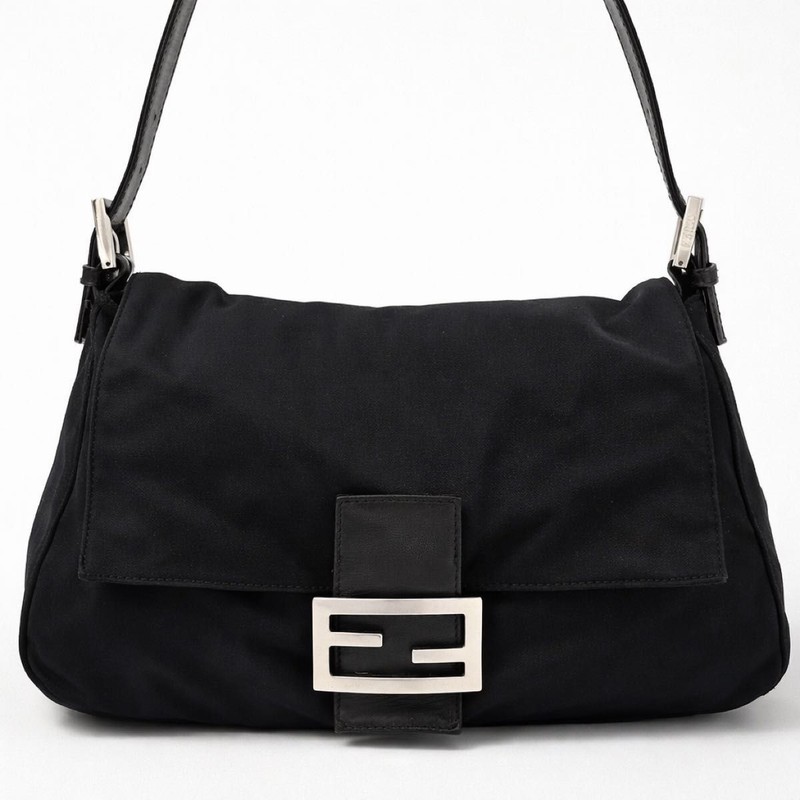 FENDI Mamma Baguette Shoulder Bag Black Cotton Jersey FF Logo 26325