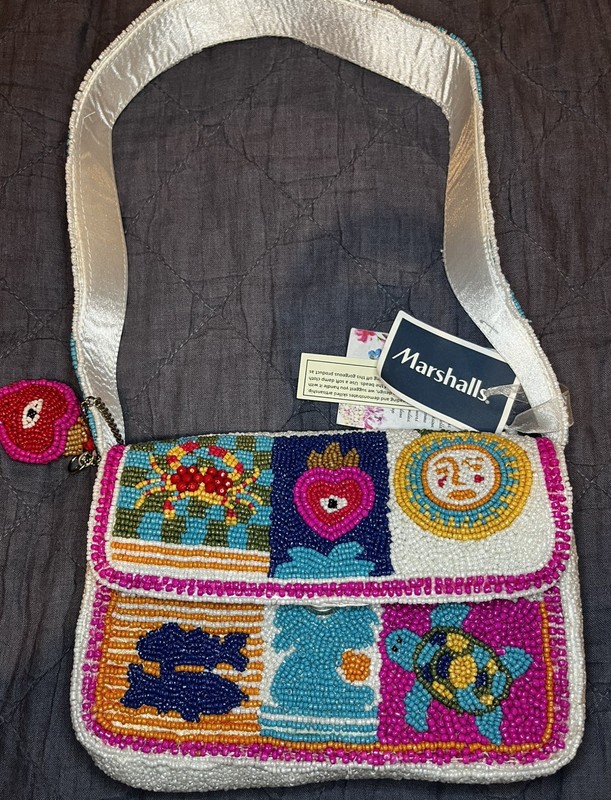 VIRAL Pink Heart Evil Eye Handcrafted In India Fish Crab Beach Turtle Beaded Bag