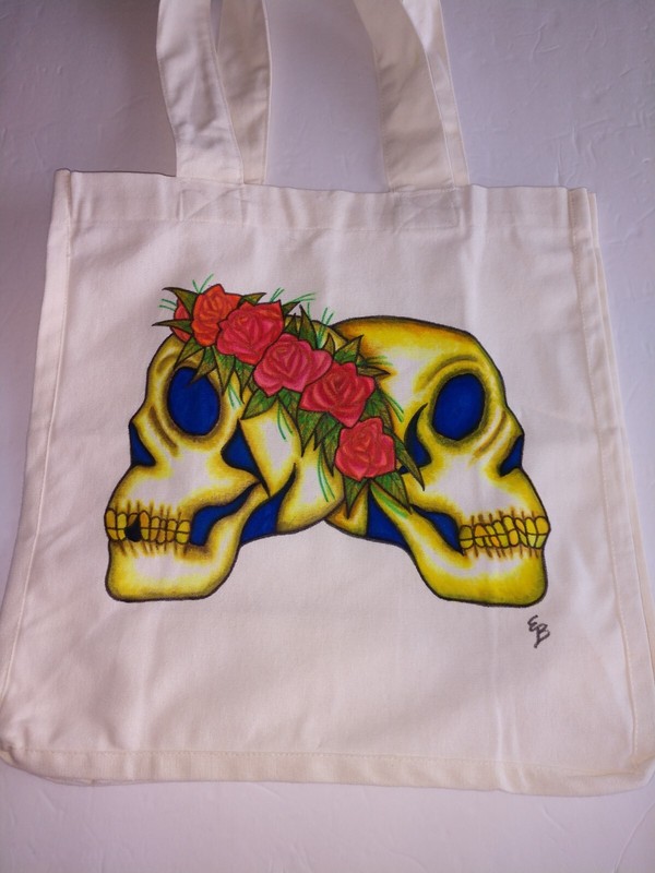 Skull Tote Bag With Hand Painted Skulls and Roses and Leaves Artwork 14x13x7 in