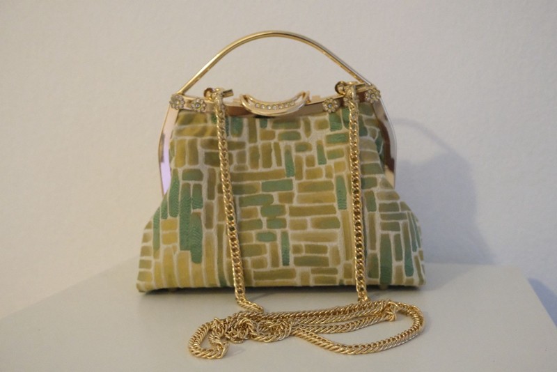 Elegant Handmade Evening Bag Gold Tone Chain Green Pattern Handbag