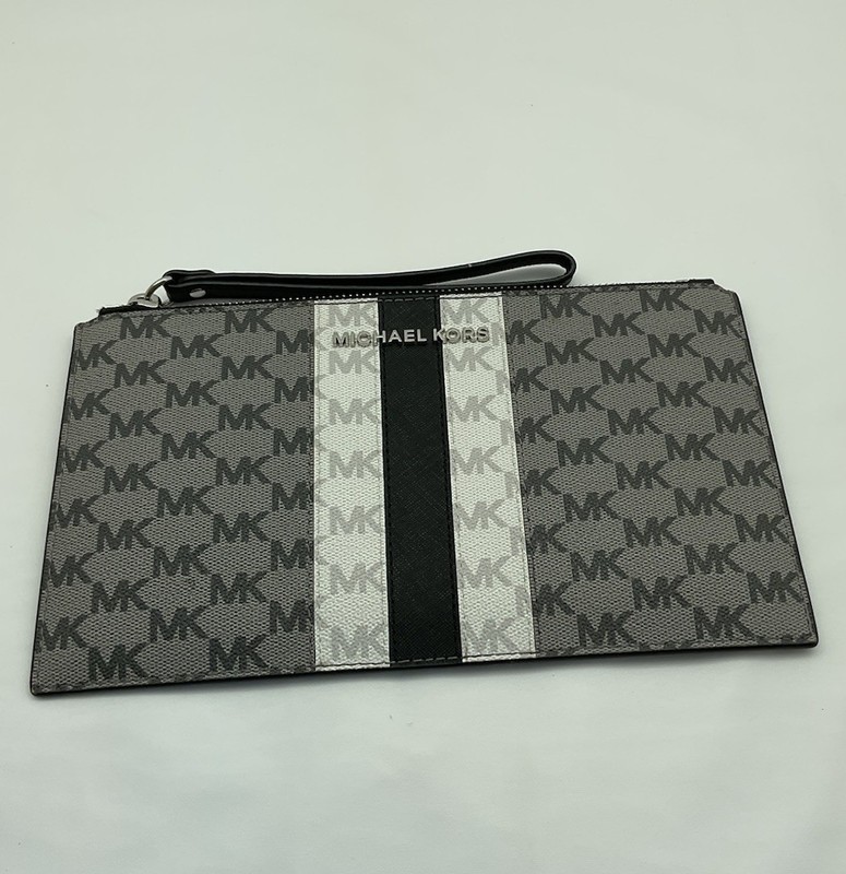 Michael Kors Wristlet Signature Monogram Center Silver Stripe Zip Wristlet NEW