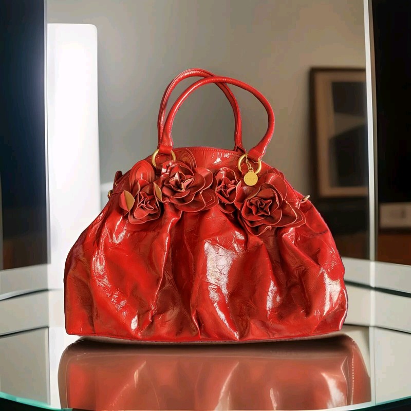 Big Buddha Large Crinkle Red Roses Vegan Handbag Purse Hobo Bag Shiny Statement