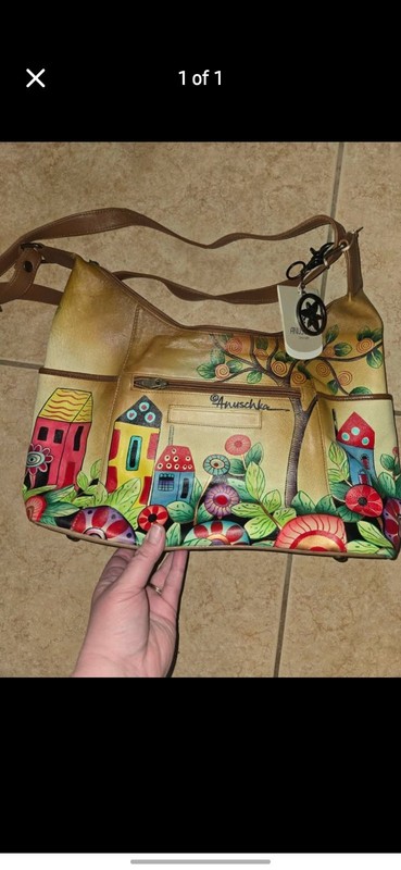 Anuschka Hand Painted Floral House Tan Shoulder Bag Zip Closure Inner Pockets