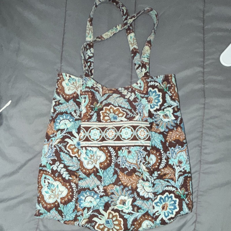 Women’s Floral Tote Bag Brown/Blue, Double Handles, Magnetic Snap, Inner Pockets