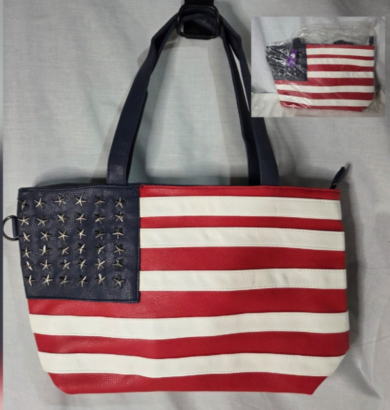 Feminas USA American Flag Leather Studded Stars Shoulder Hand Bag Tote Purse NEW