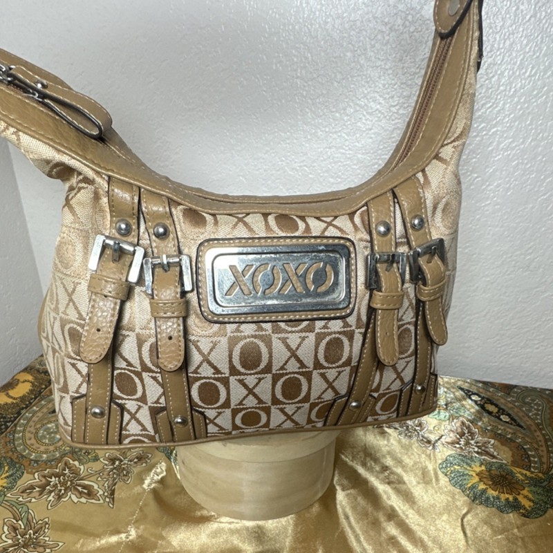XOXO Beige Brown Shoulder Bag Logo Buckle Accent Women Designer