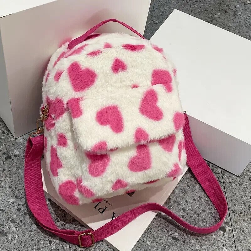 Pink Heart Print Mini Fuzzy Backpack Love Pattern Shoulder Bag White 10 x 9 in