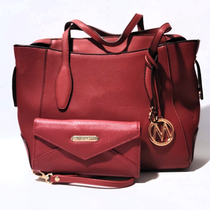Mia K Collection Red Purse with Shoulder Strap and Wallet Faux Pebbled Leather