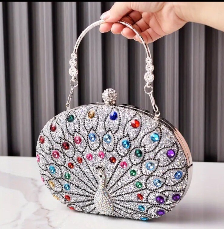 Peacock SILVER Rhinestone Evening Bag Luxury Beaded Clutch Purse Gold Trim Chain