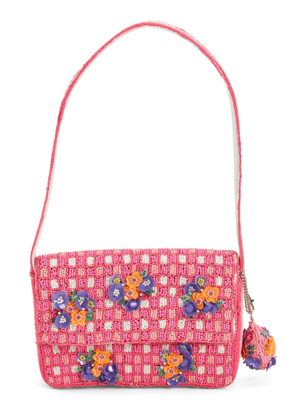 Pink Beaded Shoulder Bag with Floral Appliques