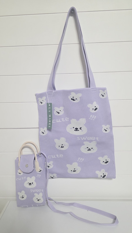 LA MAREY Cute Purple/White Bunny Animal Print Shoulder Tote Bag and Pouch