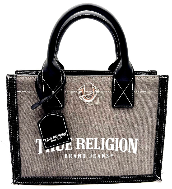True Religion Modern Edge Denim Double Handle Tote Bag Grey Black Womens