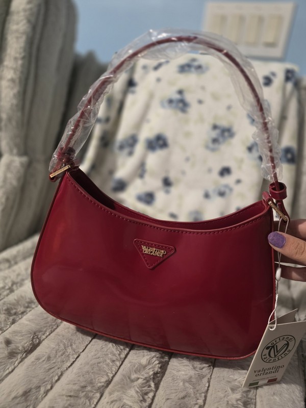 Valentino Orlandi Red Small Crescent Shoulder Bag Gold Hardware Logo Card