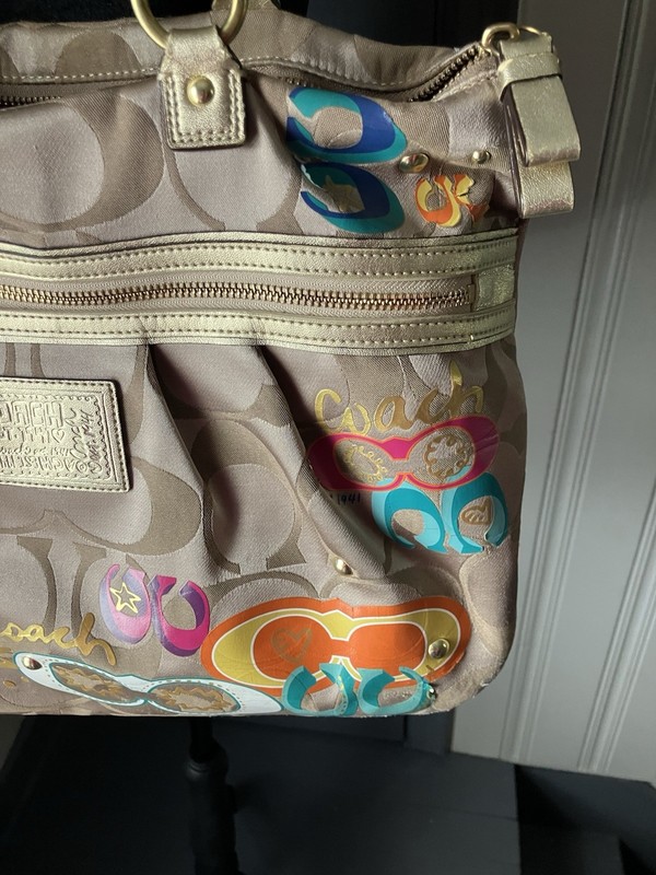 Coach Beige Gold Multicolor Glitter Logo Print Shoulder Bag Heart Charm gallery