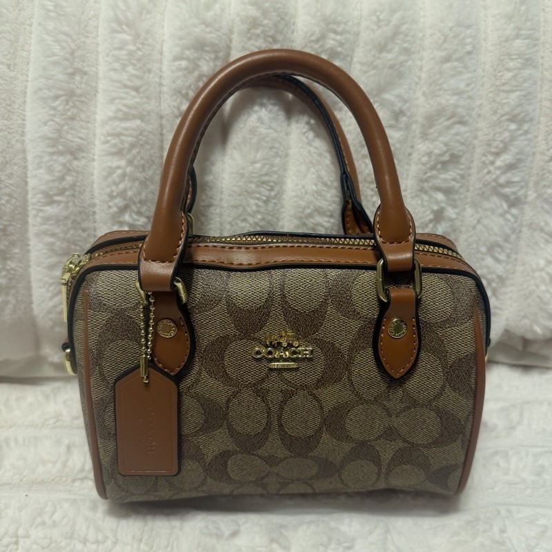 Coach Signature Pattern Brown Tan Satchel Top Handle Zip Gold Hardware Pockets