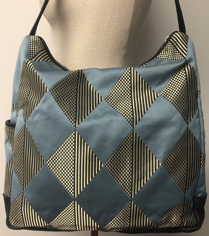 PORTMANTEAU PORTLAND MAINE BLUE BLACK & TAN IRIDESCENT FABRIC W LEATHER TRIM BAG gallery