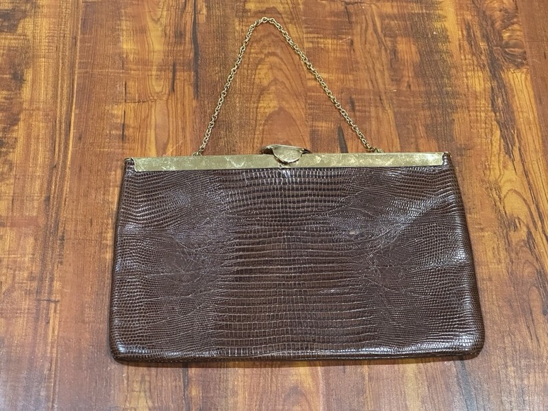 Vintage 1980s Etra Brown Leather Clutch Purse Handbag Gold Chain Hinge Clasp Bag gallery