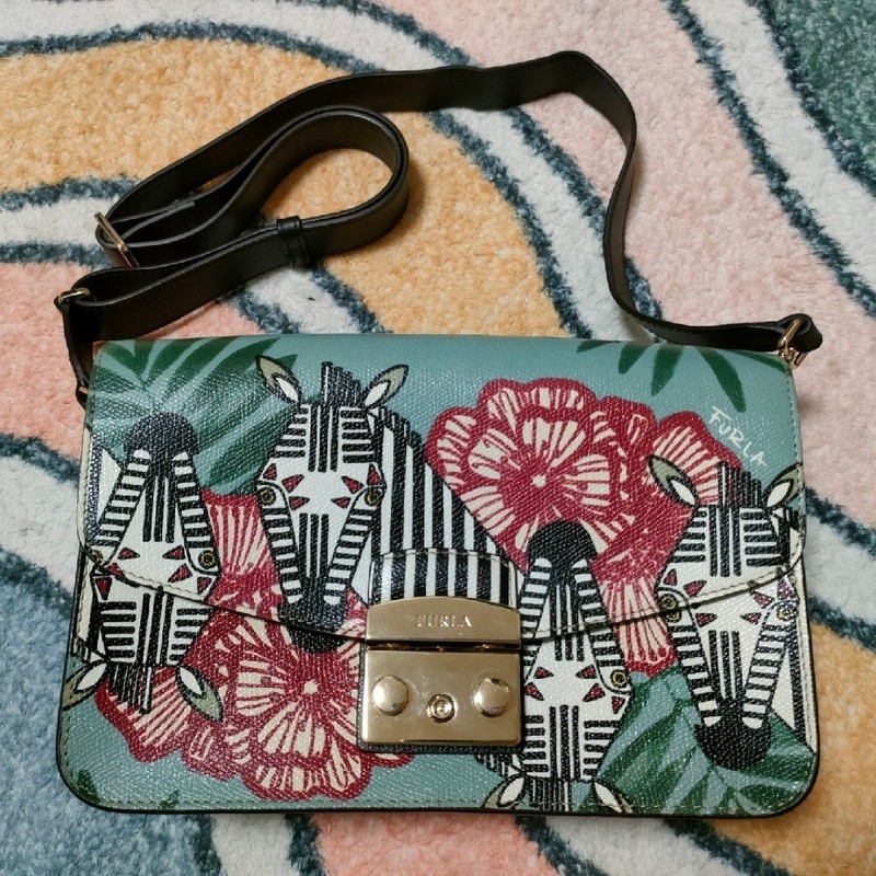 Furla Metropolis Crossbody Bag Leather Zebra & Floral Print Blue US TAX Includ