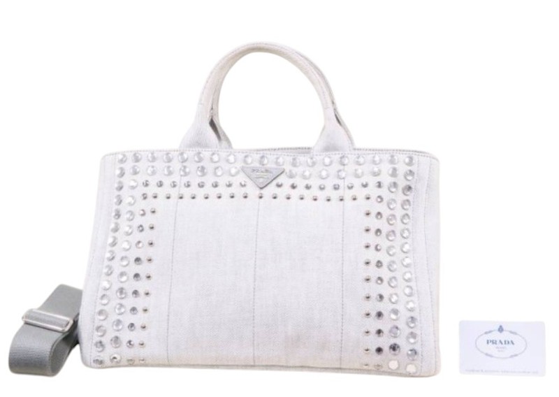 PRADA Studded Denim 2Way Tote Shoulder Bag Off White B26420 Guarantee Card