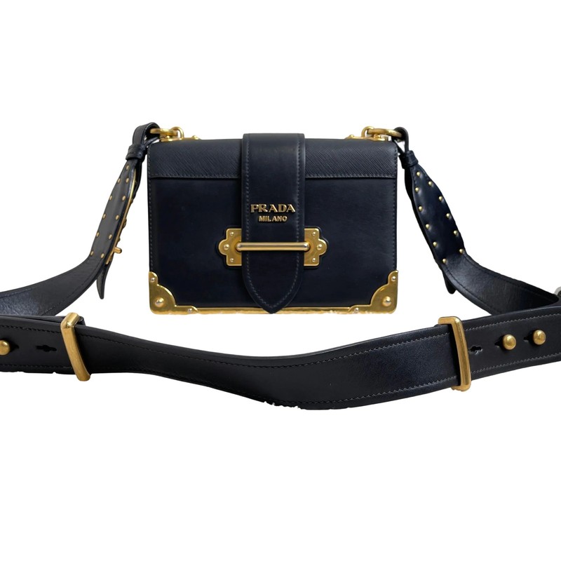 Prada Cahier Black Gold Leather Box Bag