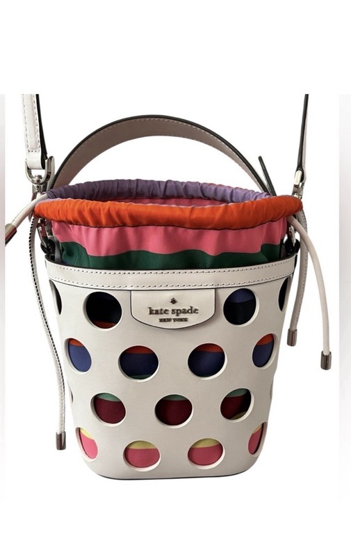 Kate Spade New York Pippa Perforated Dot Leather Bucket Bag With Drawstring EUC