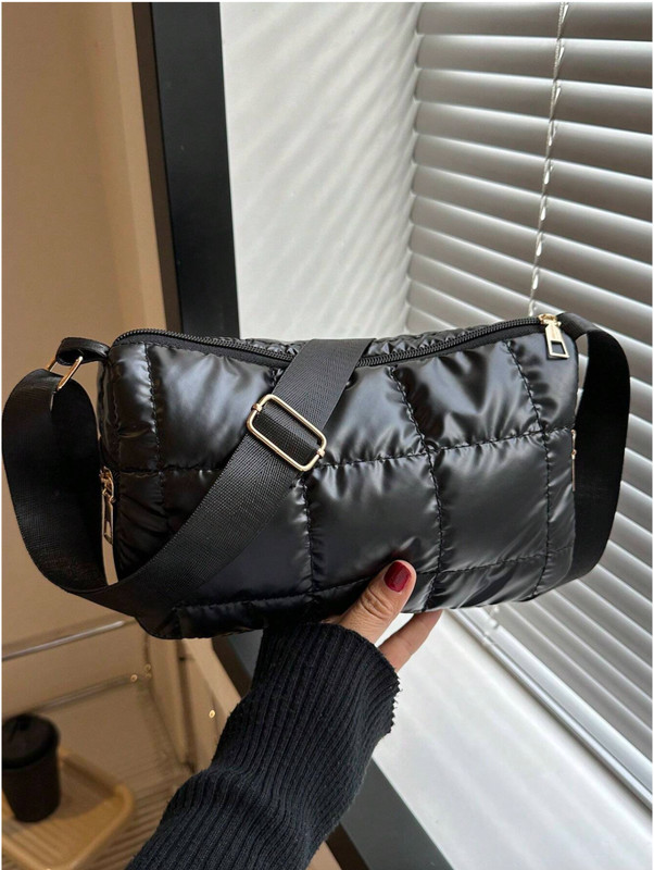 Black Quilted Checkered Polyester Fiber Shoulder Bag With Zipper Closure gallery
