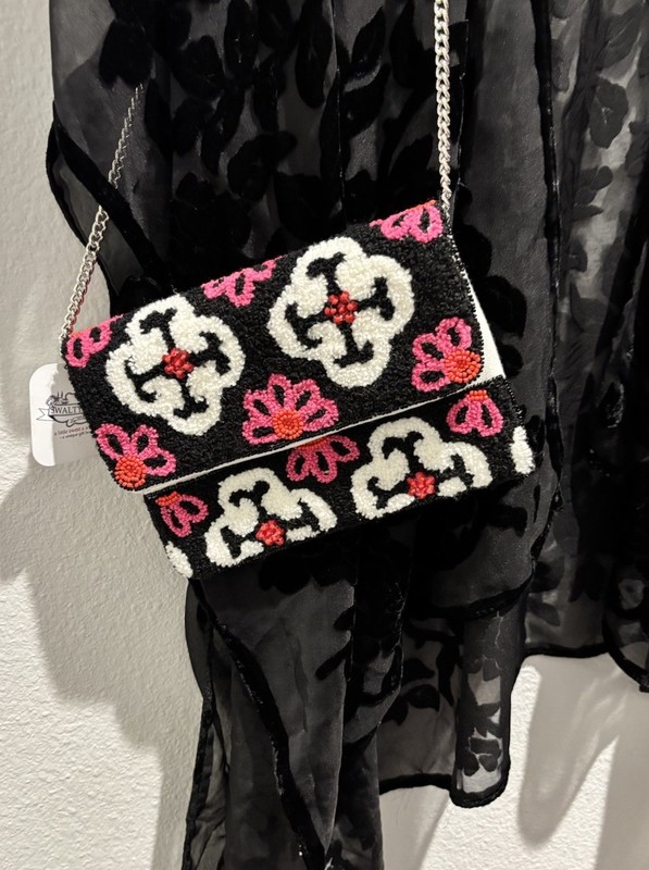 Embroidered And Beaded Clutch Geometric Print Black White Pink & Red