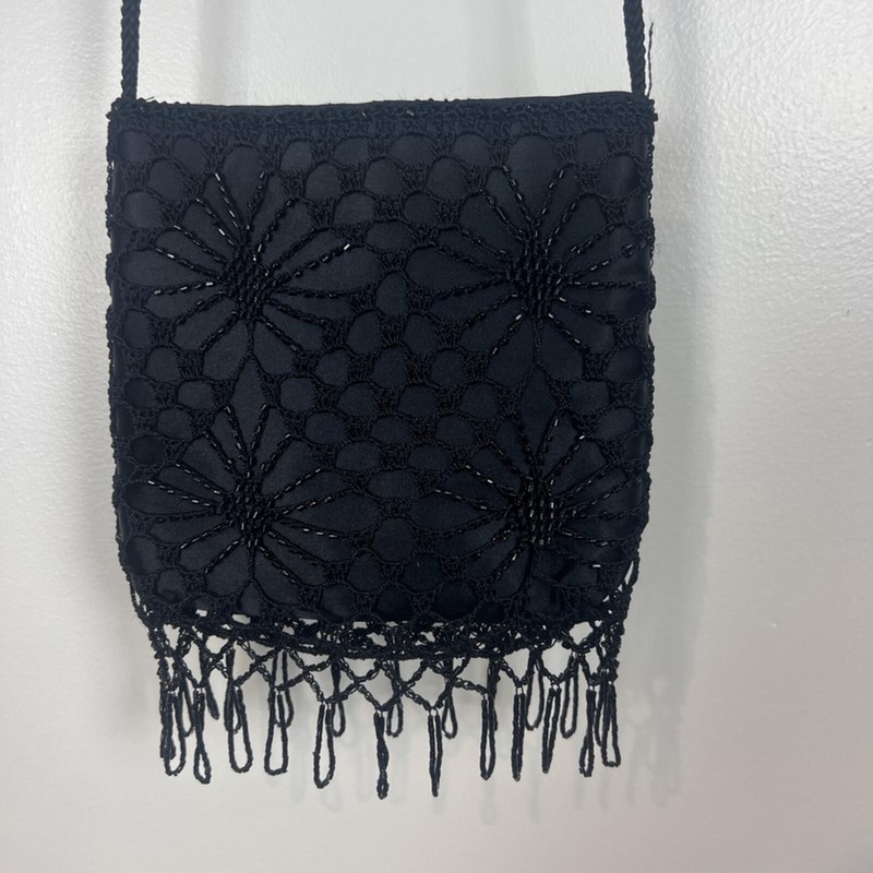 Vintage Black Beaded Fringe Crossbody Bag Floral Lace Boho Evening gallery