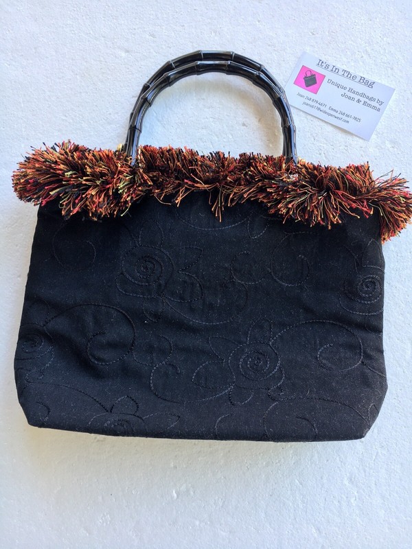 Black Retro Resin Bamboo Handles Handbag with Accent Fringe Trim