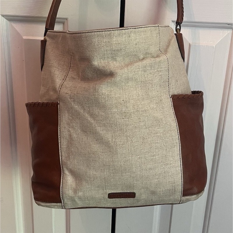 Y2K Boho Chic Fossil Natural Linen and Leather Accent Women’s Hobo Bag