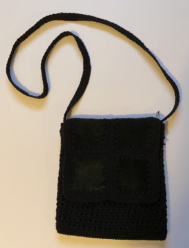 Black Crochet Knit Crossbody Cotton Olefin Blend Handbag Purse Leather Embellish