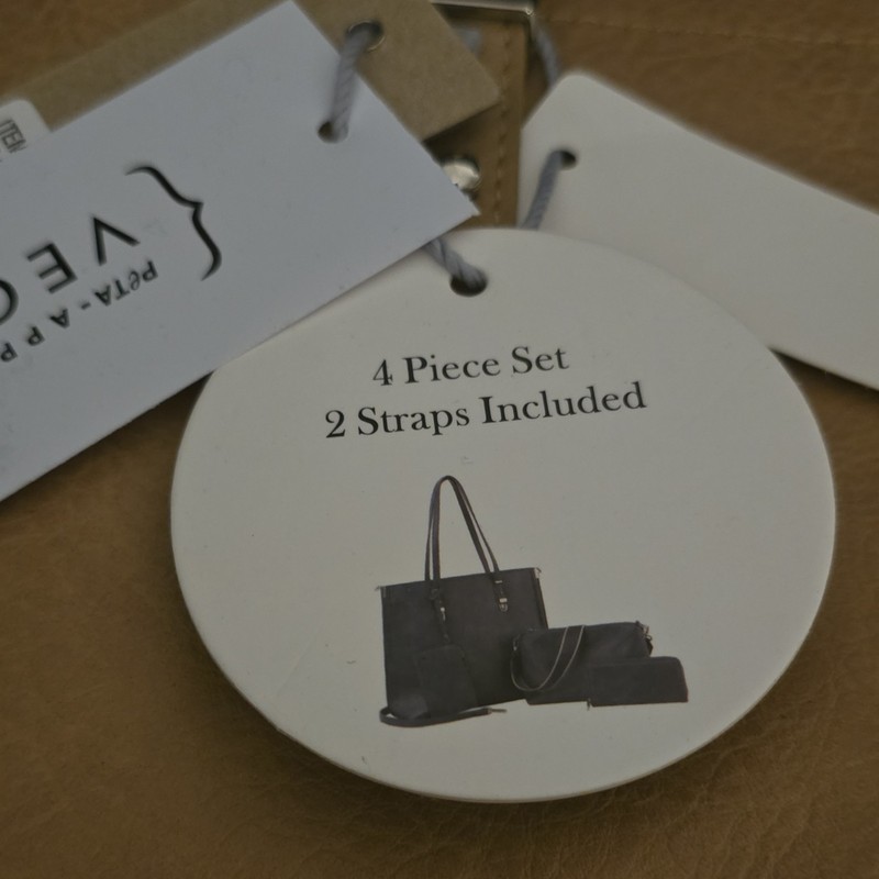 Tan Solid Tote 4 Piece Set Double Handles Zip Pockets Silver Hardware 2 Straps